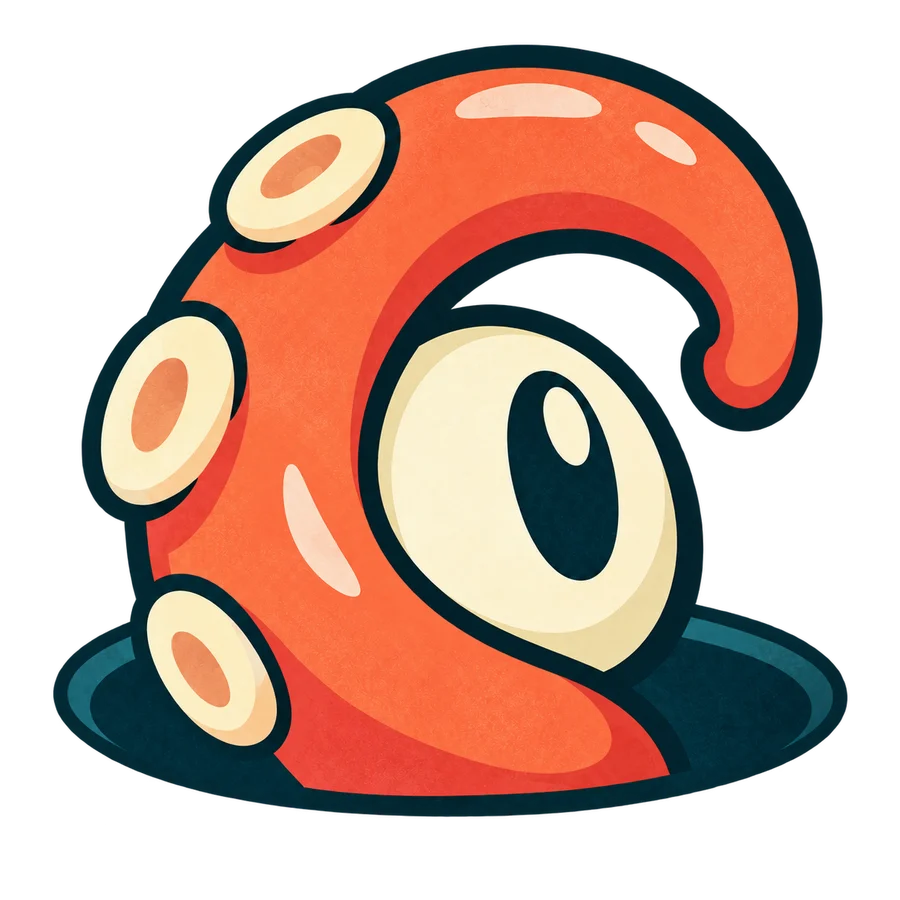 Tug, a curled orange tentacle with one big eye and a very firm grip.